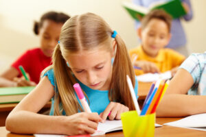 child applying school readiness techniques on first day of school